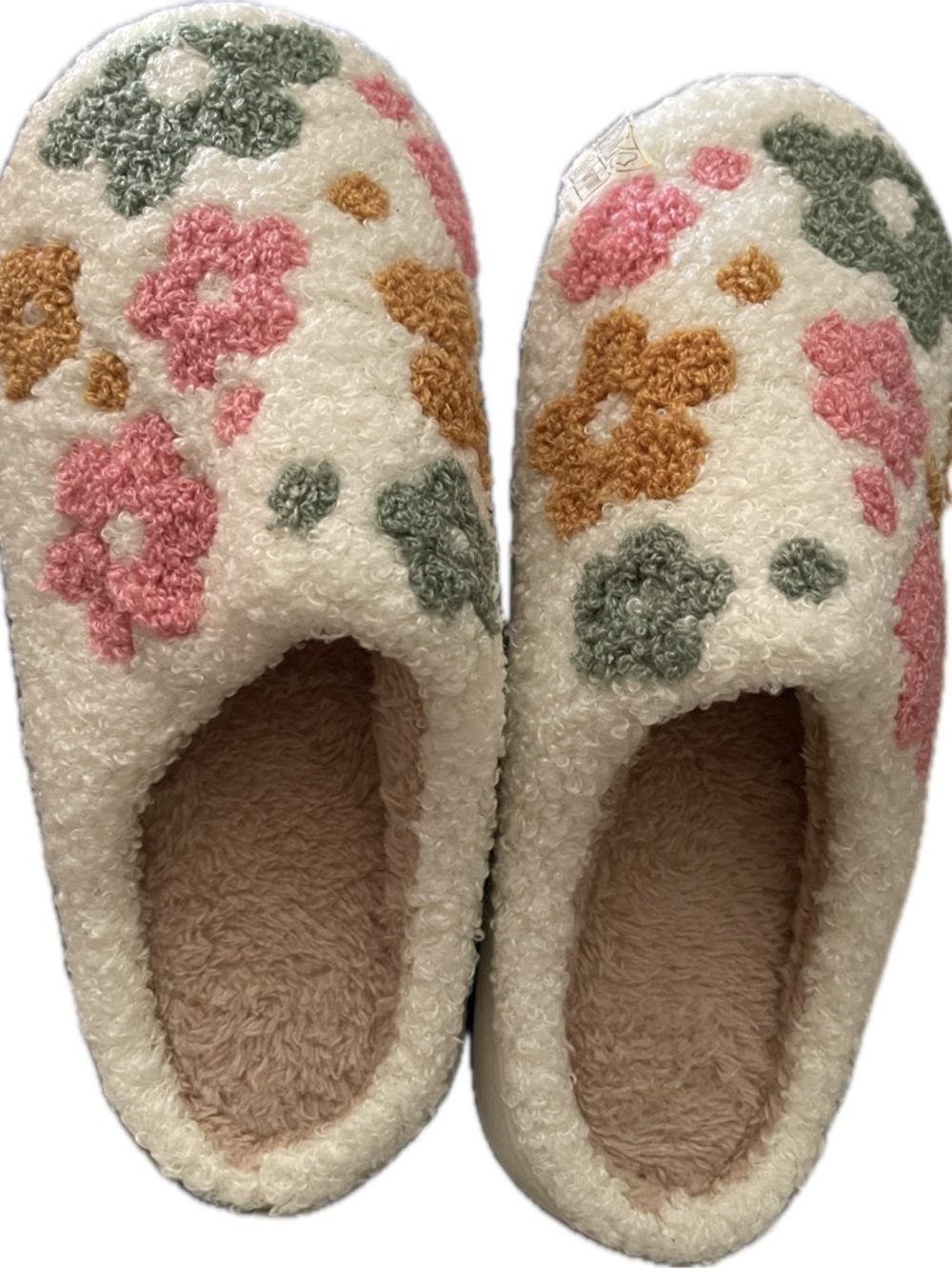 Cozy Floral Sherpa Slippers - Cream with Pink, Green & Mustard Flowers NWOT